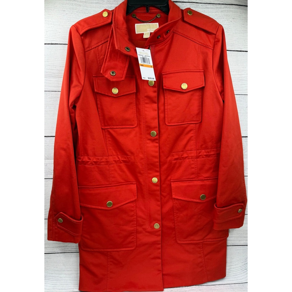 Michael‎ Kors Bright Red Military Anorak Jacket Gold Button Detail Womens